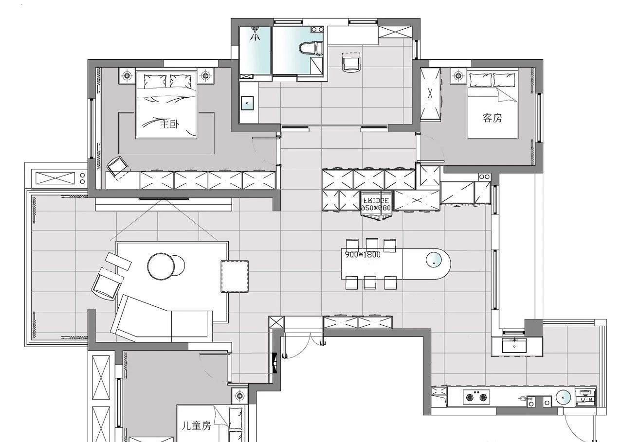 以海洋綠作為次臥床頭背景墻主色調(diào)，配上灰色窗簾，優(yōu)雅靜謐